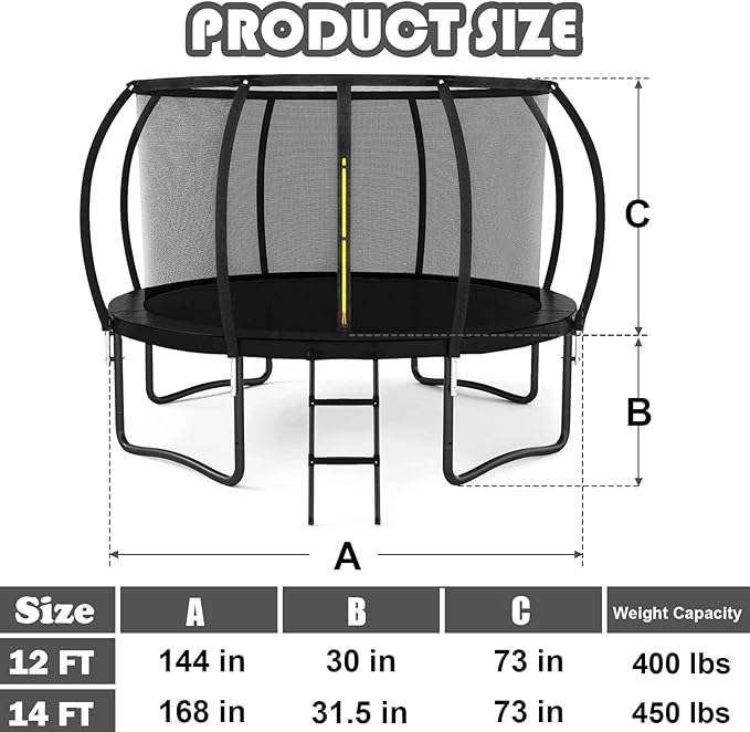 Trampoline 12FT 14FT 15FT 16FT for Kids/Adults - Outdoor Recreational with Enclosure Net Curved Poles and Ladder, Heavy Duty Anti-Rust Coating, ASTM Approval