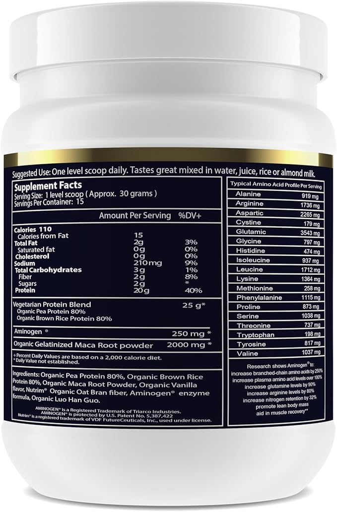 Paradise Herbs Maca Up Vanilla Vegan Protein Powder, Organic Pea & Brown Rice, Maca Root, Aminogen Digestive Enzyme Blend, Nutrim Oat Bran Fiber, 15 Servings, 450?¯g