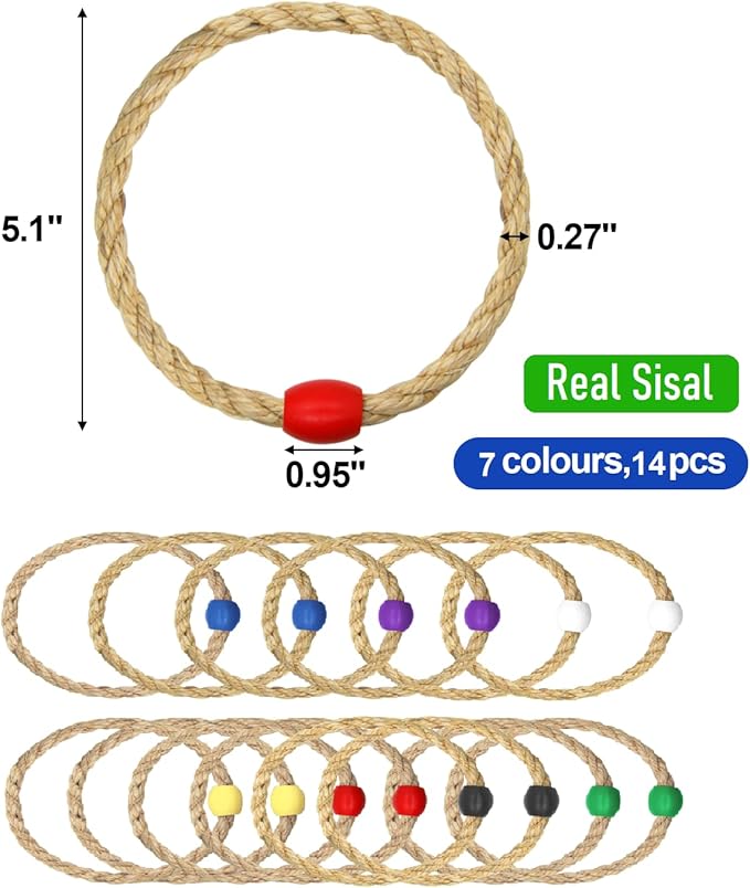 14 Pack Sisal Rope Ring Toss Game Replacement Parts for Adults and Kids, Outdoor Toss Rings for Agility/Speed Practice and Yard/Lawn Game for Party(7 Colors-Red Blue Yellow Green Purple Black White)