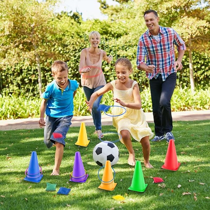 OBTANIM 26 Pcs Plastic Colorful Cones Ring Toss Combo Set Outdoor Carnival Games for Kids Adults Birthday Party Throwing Backyard Games