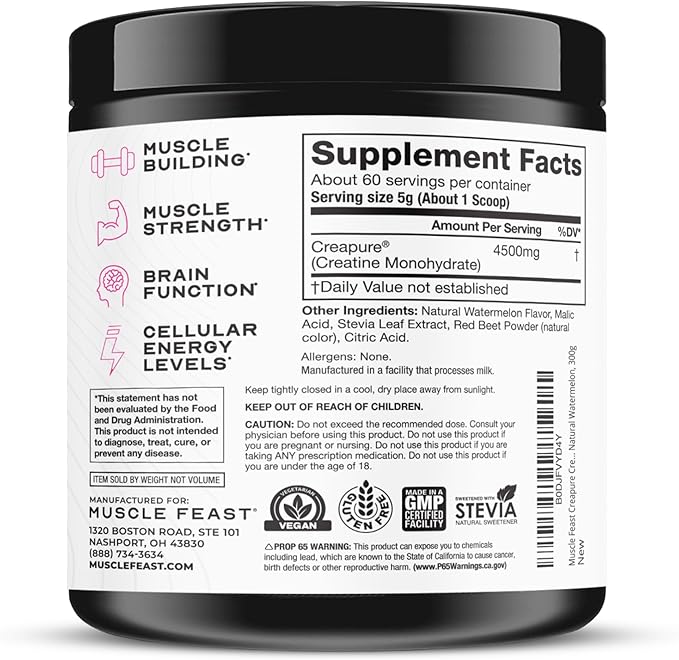 Muscle Feast Creapure Creatine Monohydrate Powder, Vegan Keto Friendly Gluten-Free Easy to Mix, Muscle Recovery Supplement, Creatine for Muscle Growth, Flavored Creatine, Natural Watermelon, 300g
