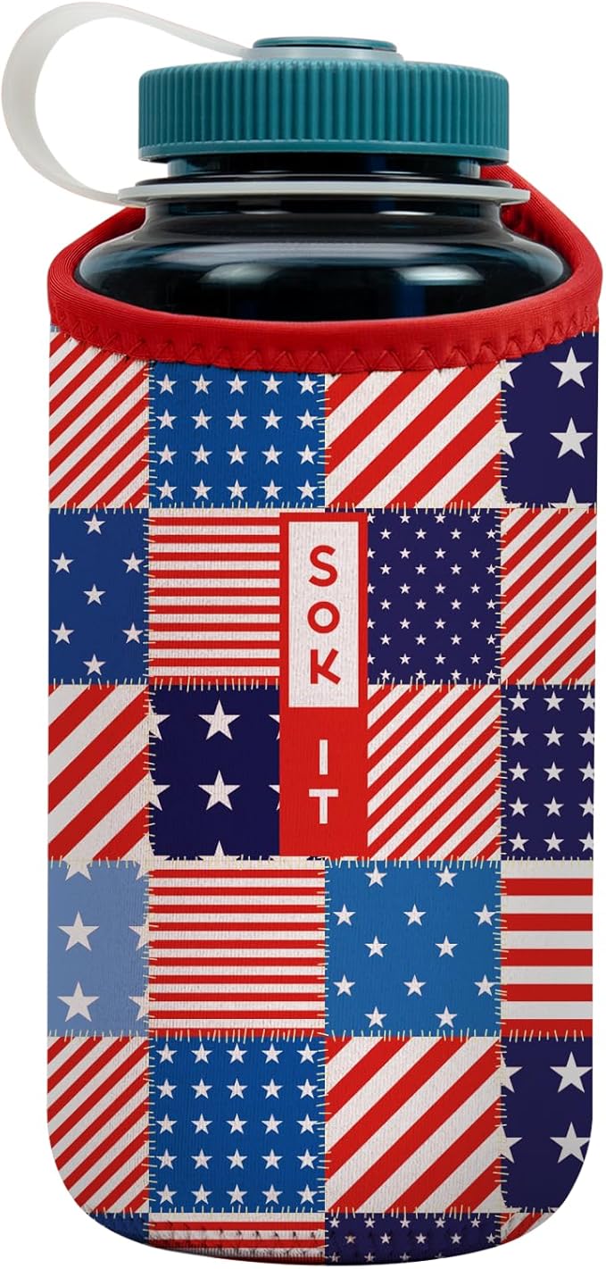 Sok It BotlSok Water Bottle Sleeve Insulated Neoprene Cover (Patriotic Patchwork, Fits 32oz Nalgene)
