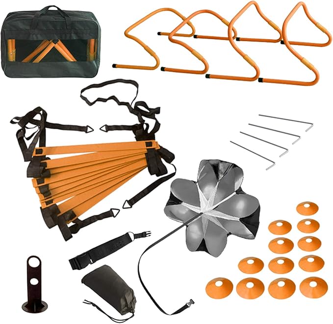 TOCO FREIDO Speed&Agility Training Set – 20ft Agility Ladder Set with 12 Rungs, 4 Adjustable Training Hurdle, 12 Disc Cones, 2 Resistance Bands, 1 Running Parachute and Footwork Drills Equipment