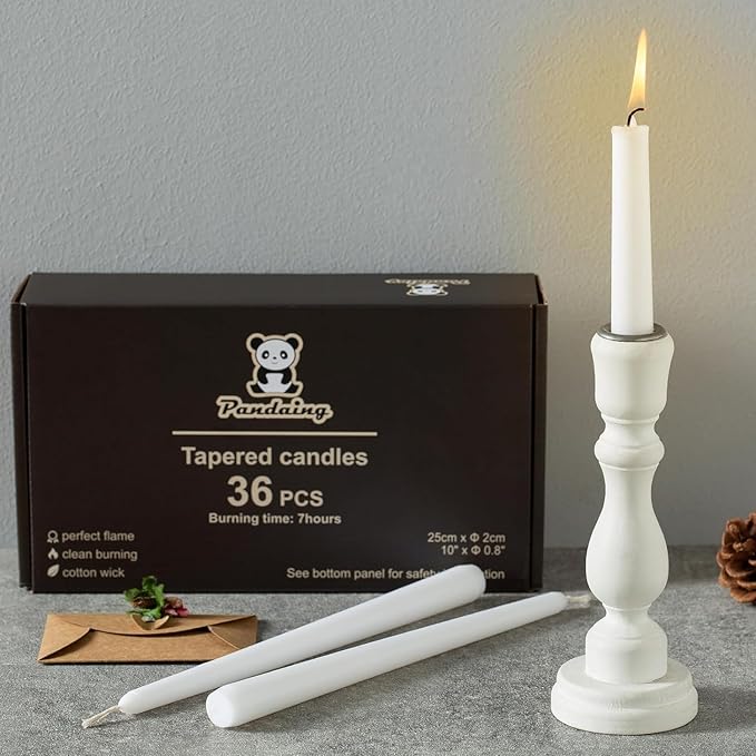 36 Pack White Taper Candles, 7-8 Hours Burn Time, Unscented, Smokeless and Dripless, 0.8 x 10 Inch Dinner Candle Set for Household, Wedding, Party and Home Décor Candlesticks
