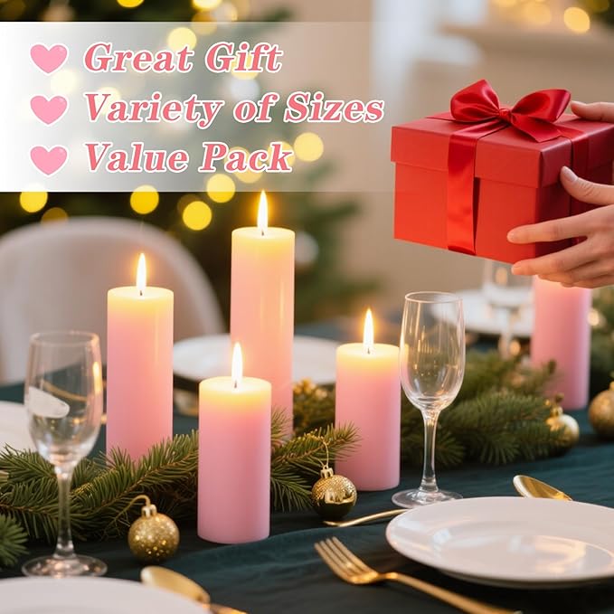 36 Pcs Pink Pillar Candles Bulk Set,Hurricane Candlesï¼? Different Lengths (12 Each),Dripless Unscented Smokeless,Gives You a Better Atmosphere When Organizing Wedding or Event Party.