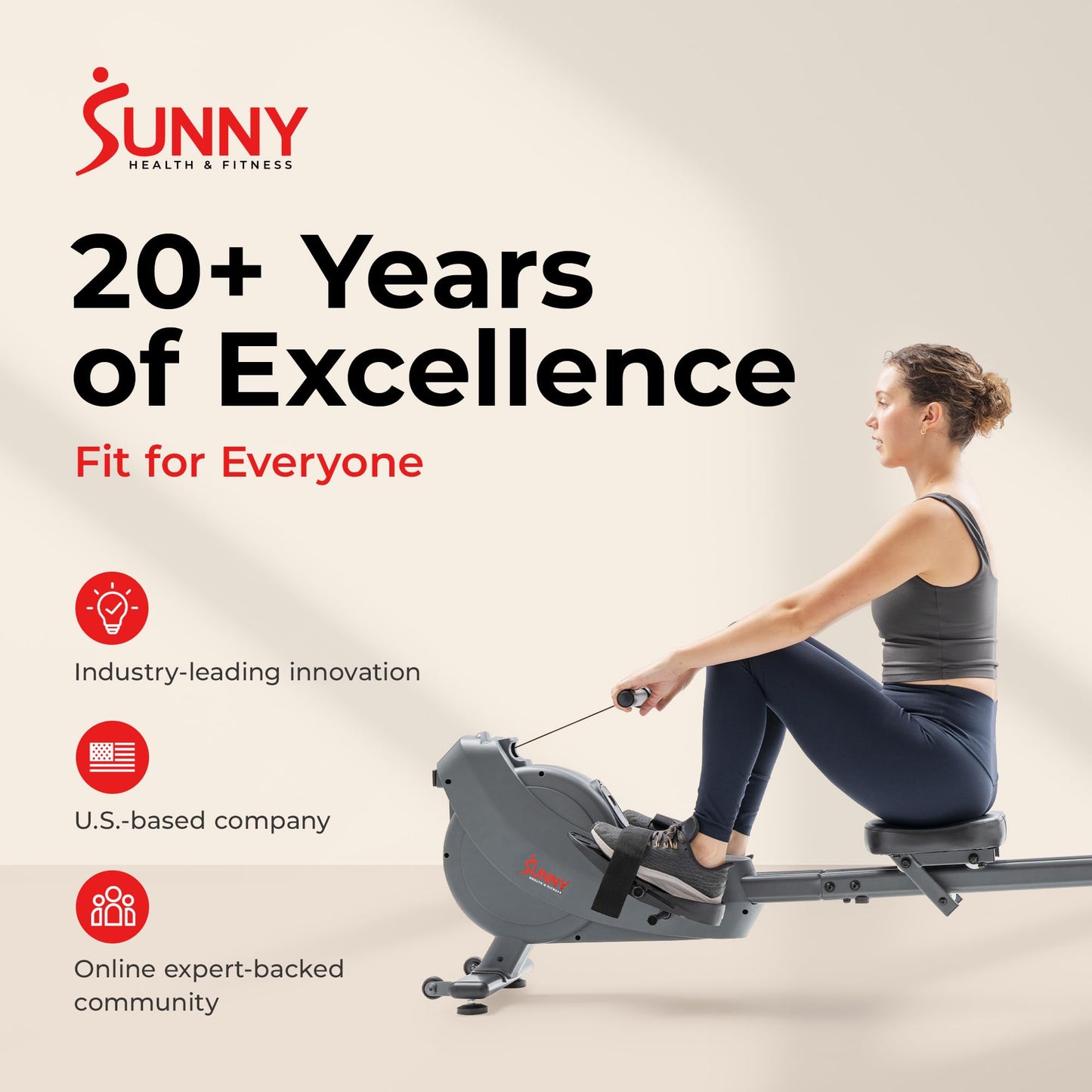 Sunny Health & Fitness Smart Magnetic Rower, Dual-Rail Home Rowing Machine