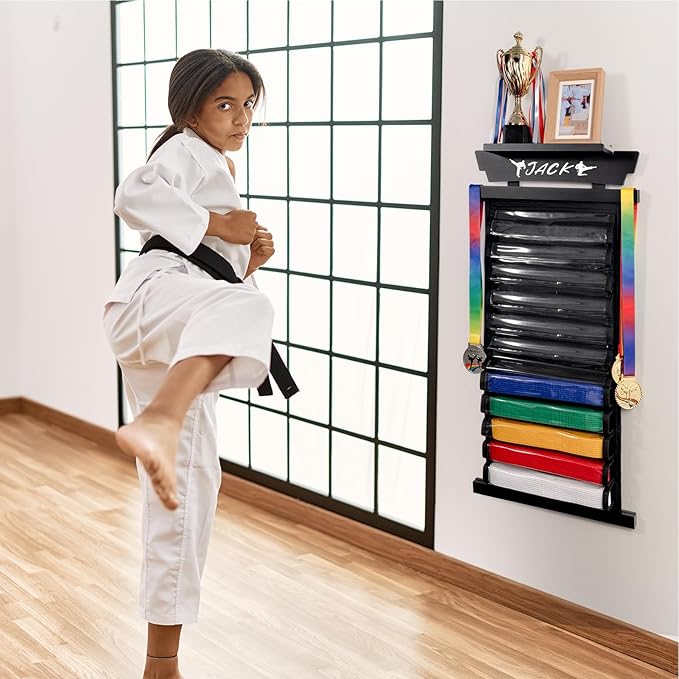 Tilhumt 12/10 Belts Karate Belt Display Rack with Stickers, Taekwondo Belt Display with Trophy/Photo Rack, Felt Dustproof Design, Easy to Put in Belt, Martial Arts Belt Display for Adults