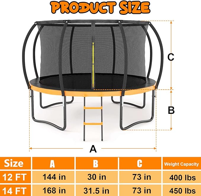 Trampoline 12FT 14FT 15FT 16FT for Kids/Adults - Outdoor Recreational with Enclosure Net Curved Poles and Ladder, Heavy Duty Anti-Rust Coating, ASTM Approval
