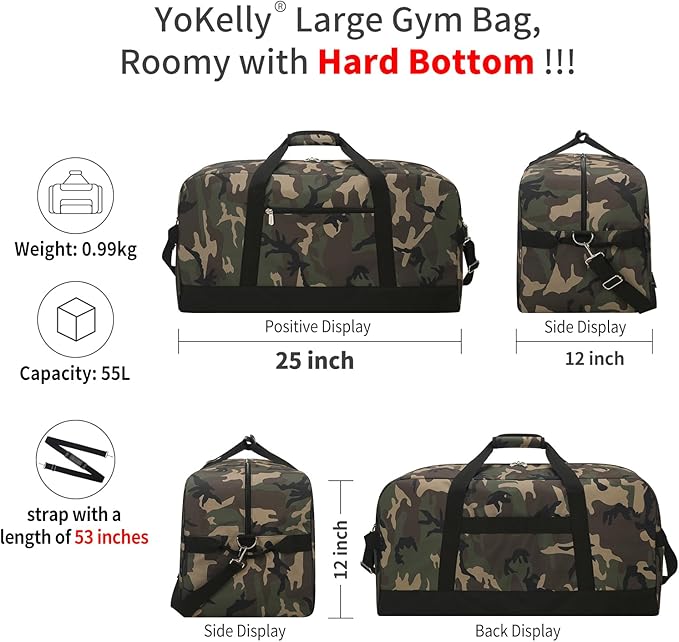 55L Large Duffle Bag for Men Travel - 25 inch Sports Duffel Bag with Hard Bottom - Camo