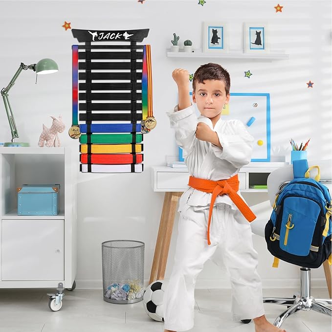 12 Belts Karate Belt Display Rack with Stickers, Martial Arts Belt Display Holder, Taekwondo Belt Jiu Jitsu Belt BJJ Belt Display Hanging Holder for Adults