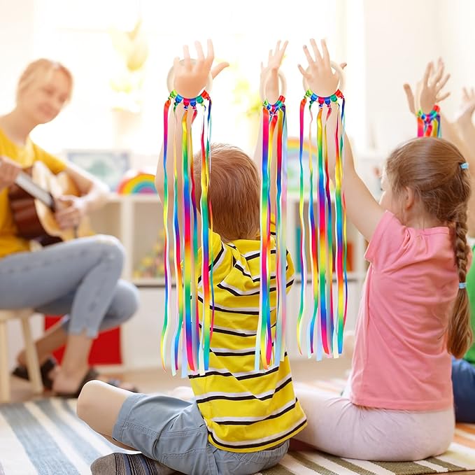 12 Pcs Rainbow Ribbon Wooden Waldorf Toys Creative Waldorf Hand Kite Set Streamers with Wood Ring Sensory Learning Educational Toy for Playroom Dancing Birthday (Gradient Color)