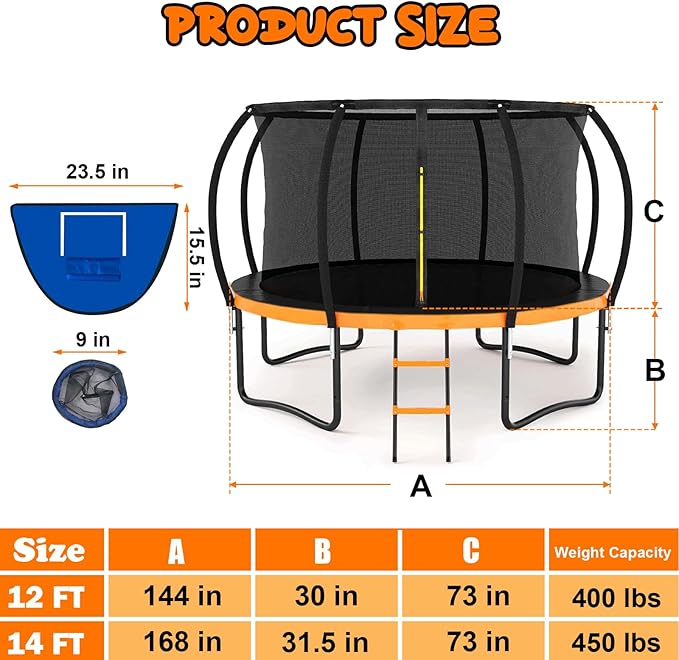 Trampoline 12FT 14FT 15FT 16FT for Kids/Adults - Outdoor Recreational with Enclosure Net Curved Poles and Ladder, Heavy Duty Anti-Rust Coating, ASTM Approval