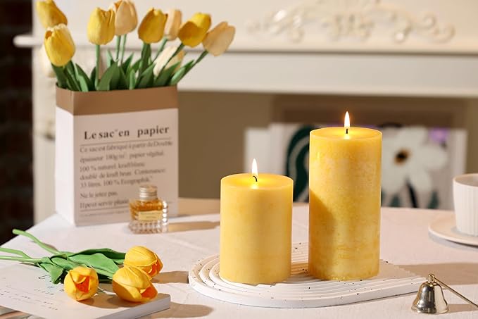 3x6 inch Yellow Pillar Candles Set of 3, Unscented Pillar Candle, Dripless and Smokeless Large Candles, Candle for Home Decor, Dinner Table,Weddings, Holidays