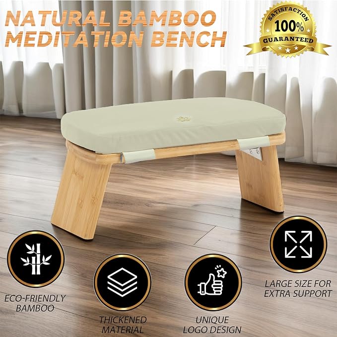Meditation Bench, Bamboo Meditation Stool, Folding Kneeling Meditation Bench, Seiza Prayer Bench, Prayer Bench with Meditation Cushion, Kneeling Stool (Beige & Bag)