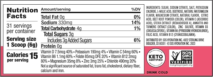 SOS Hydration Electrolyte Drink Mix (31 Servings) ??Low Sugar, 15 Calorie, Keto-Friendly & Rapid Rehydration (31 Servings, Watermelon)
