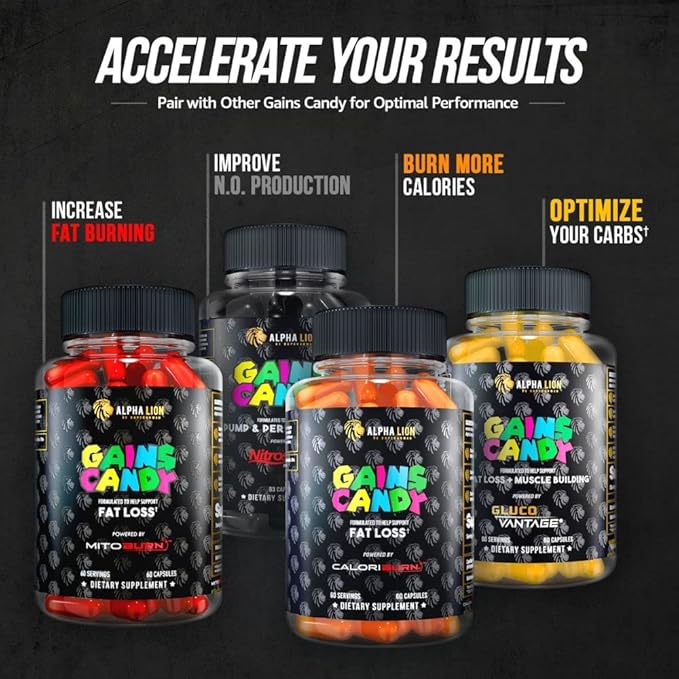 ALPHA LION Gains Candy, Supplement Pills for Muscle Growth, Size, & Strength, Nitric Oxide Booster, Muscle Builder, Use Daily to Upgrade Energy & Workout Performance, 60 Capsules (RipFACTOR®)
