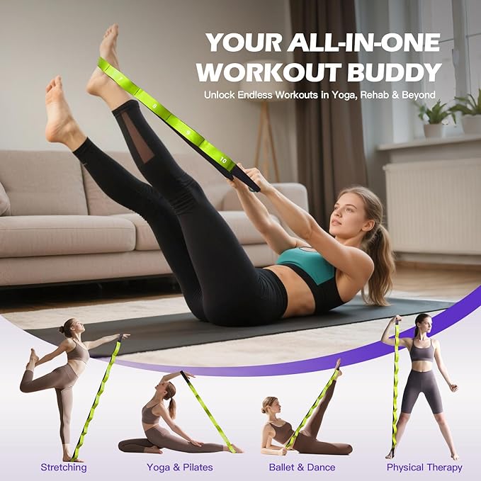 Stretching Strap with Loops - Non Elastic Yoga Straps for Physical Therapy, Durable Stretch Bands for Exercise, Flexibility Training, Hamstring & Leg Stretcher, Yoga/Pilates/Gymnastics