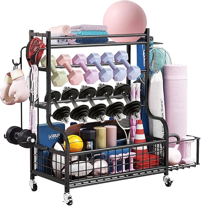 Dumbbell Rack, Weight Rack for Kettlebells, Storage Holder for Yoga and Workout Equipment, Home Gym Storage Rack with Wheels,Hooks and Mesh Top