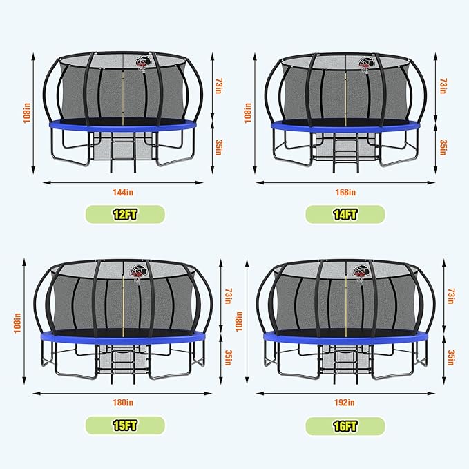12 14 15 16FT Trampoline Outdoor with Basketball Hoop, Trampoline with Lights for Kids and Adults, Recreational Trampolin with Sprinkler, Stakes