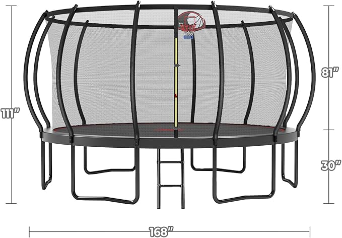 12 14 15 16FT Trampoline Outdoor with Basketball Hoop, Trampoline with Lights for Kids and Adults, Recreational Trampolin with Sprinkler, Stakes