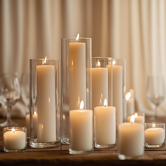 24 Pcs White Pillar Candles with Glass Candle Holder Hurricane Glass Candle Holders Clear Cylinder Vases for Centerpieces Wedding Office Party Home Table Decor