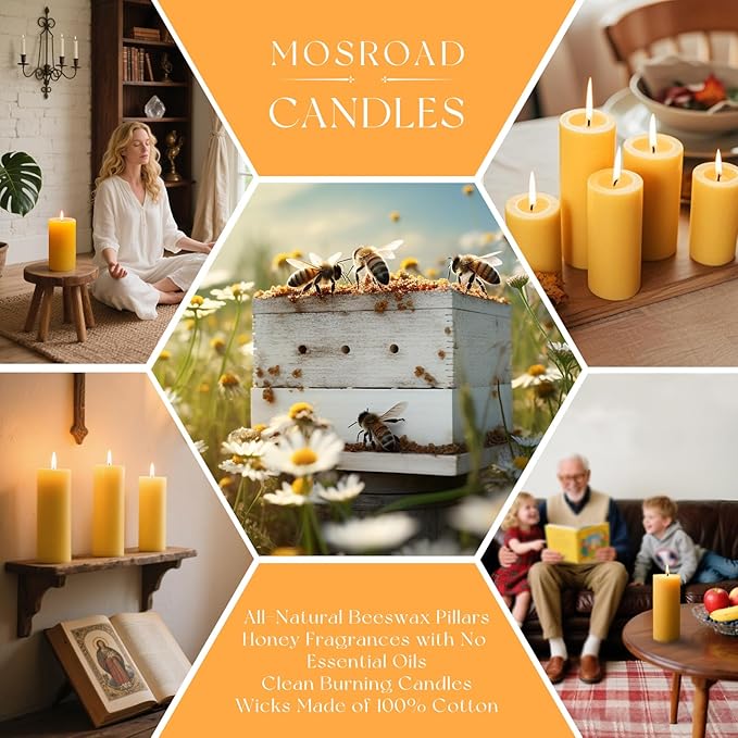 2x5 Inch Beeswax Candles, Natural Beeswax Pillar Candle with 52 Hours Burn Time, Organic Emergency Candle Long Burning for Home Decor, Gift Sending, Smokeless & Dripless
