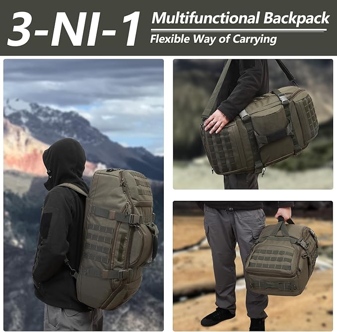 55L Large Duffle Bag, 3-in-1 Tactical Backpack MOLLE Pack for Sports, Gym, Outdoor, Olive Green