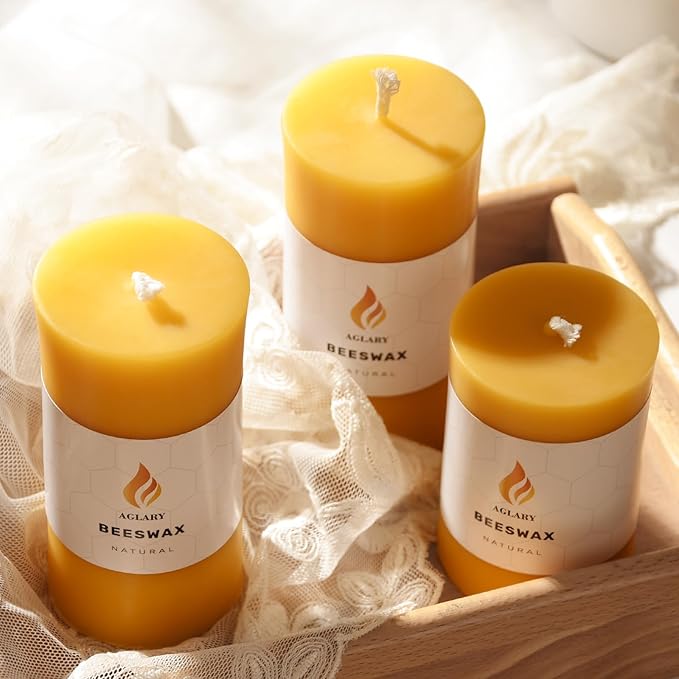 6PCS Beeswax Pillar Candles,Large Handmade Pure Beeswax Candle,Long Lasting Burn Time,Unscented Smokelessï¼? * 3",20H, Raw