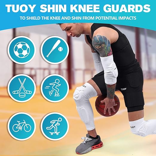 TUOY Knee Pad Shin Guard Pads, Protective Shin/Knee Pad Support Sleeve for Soccer, Football, Basketball, Wrestling, Volleyball (Pair)