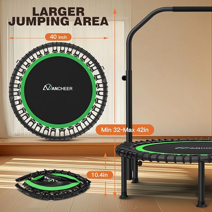 ANCHEER 40"/48" Foldable Rebounder Trampoline for Adults/Kids with Resistance Bands and Bungees, Indoor & Outdoor Mini Trampoline with Bar and Safety Padding - Max Load 450lbs/550lbs