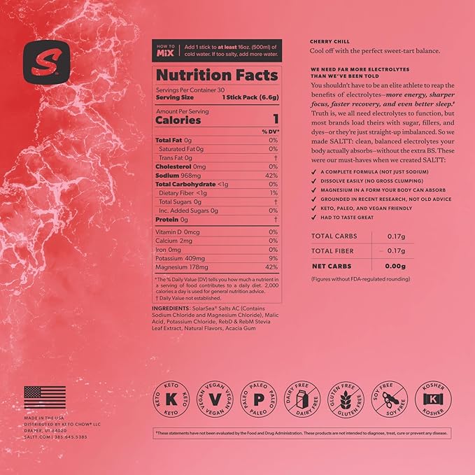 Keto Chow SALTT Electrolytes Powder Packets, Cherry Chill (30 Hydration Packets) - Magnesium, Potassium, Sodium, Trace Minerals - Vegan, Gluten Free, Sugar Free - Travel Essentials - Made in USA