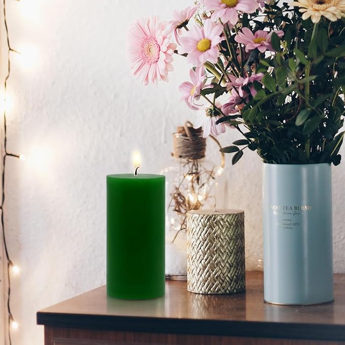 3 Packs Different Size Green Pillar Candles, Unscented Non-Toxic Dripless 3x4, 3x6, 3x8 Inch Solid Colored Cylinder Candles for Wedding, Home Decor, Dinner Table, Party, Power Outage, Emergency