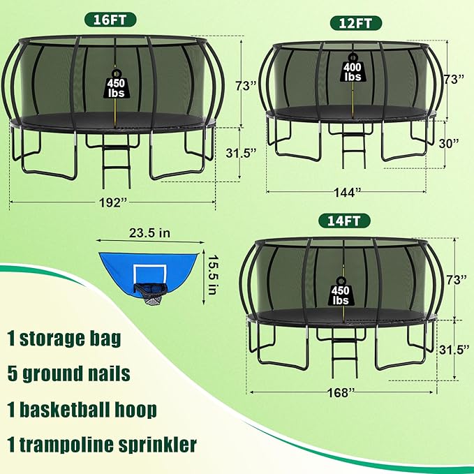 Trampoline 12FT 14FT 15FT 16FT for Kids/Adults - Outdoor Recreational with Enclosure Net Curved Poles and Ladder, Heavy Duty Anti-Rust Coating, ASTM Approval