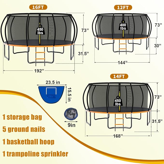 Trampoline 12FT 14FT 15FT 16FT for Kids/Adults - Outdoor Recreational with Enclosure Net Curved Poles and Ladder, Heavy Duty Anti-Rust Coating, ASTM Approval
