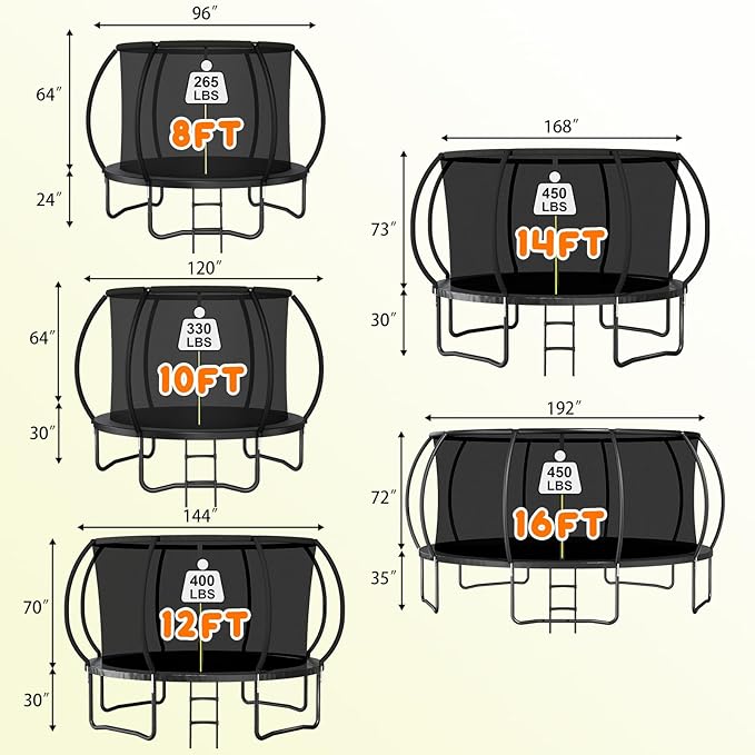 Trampoline 12FT 14FT 15FT 16FT for Kids/Adults - Outdoor Recreational with Enclosure Net Curved Poles and Ladder, Heavy Duty Anti-Rust Coating, ASTM Approval