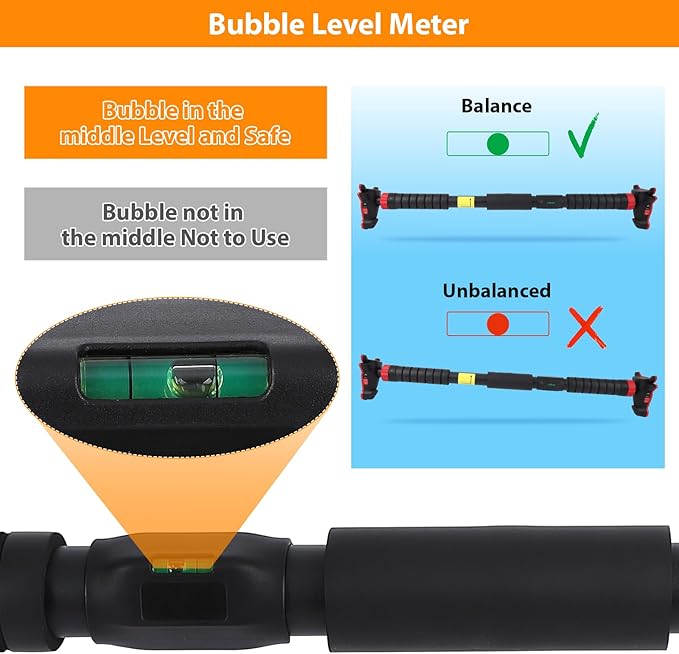 Adjustable Pull Up Bar for Doorway - 440LBS Weight Capacity, No Screws Installation with Level Meter and Auto Lock, Chin Up Bar for Home Gym Strength Training