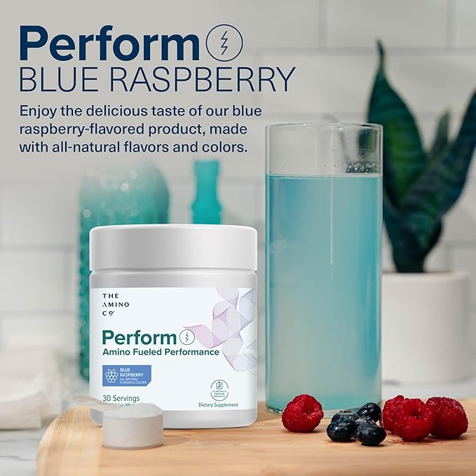 The Amino CO. - Perform Pre Workout Powder Supplement with Pure EAA Amino Acids & Natural Flavor, Stevia Sweetened Preworkout Energy Boost for Men & Women - Blue Raspberry (6.7 oz)