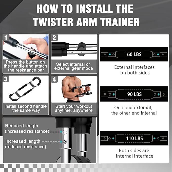 Twister Arm Trainer, Adjustable Chest Workout Equipment, Multi-functional Chest Exerciser for Men and Women, Portable Arm Trainer with 2 Wrist Bands, a Head Band, a Workout Towel and a Carry Bag