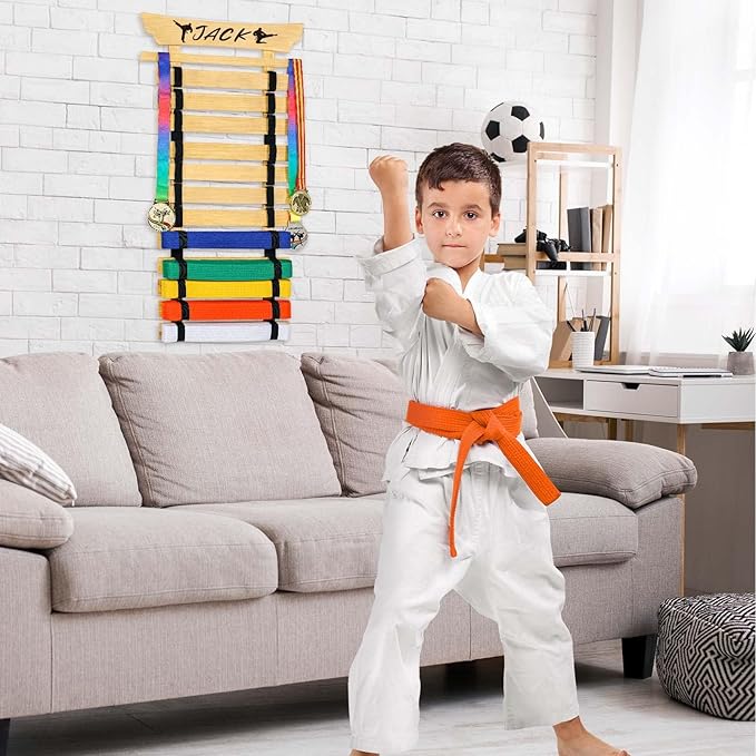12 Belts Karate Belt Display Rack with Stickers, Martial Arts Belt Display Holder, Taekwondo Belt Jiu Jitsu Belt BJJ Belt Display Hanging Holder for Adults