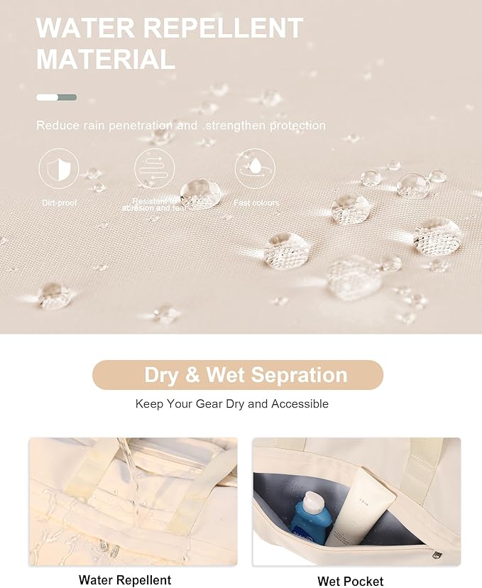 Gym Bag for Women Men, Sport Duffel Bag with Toiletry Bag & Shoe Compartment,Waterproof Travel Weekender Overnight Carry on Bag for Yoga with Trolley Sleeve, Beige Set