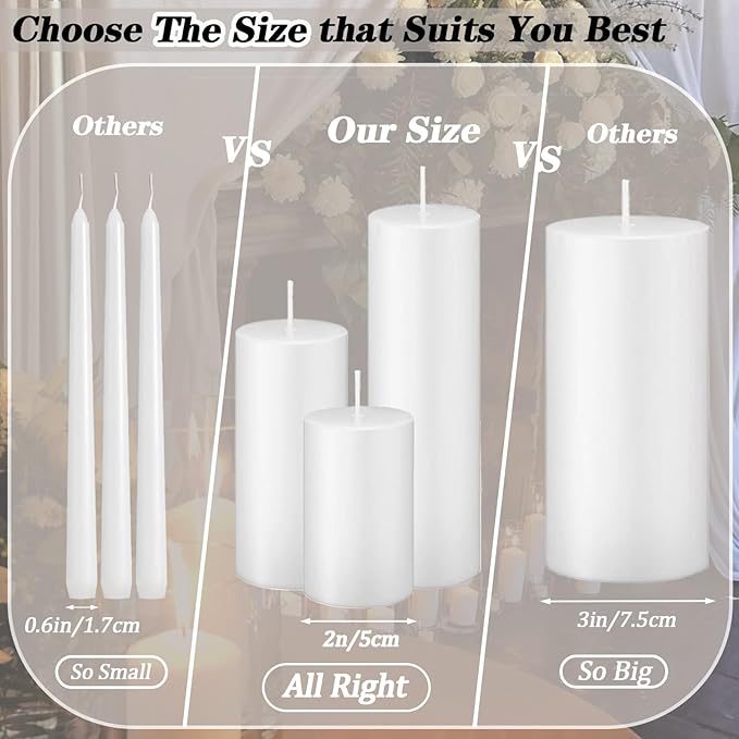 36 Pcs White Pillar Candles Bulk Setï¼? Different Lengths 2 x 3/4/6 Inch (12 Each),Hurricane Candles,Dripless Unscented Smokeless,Gives You a Better Atmosphere When Organizing an Event Party.