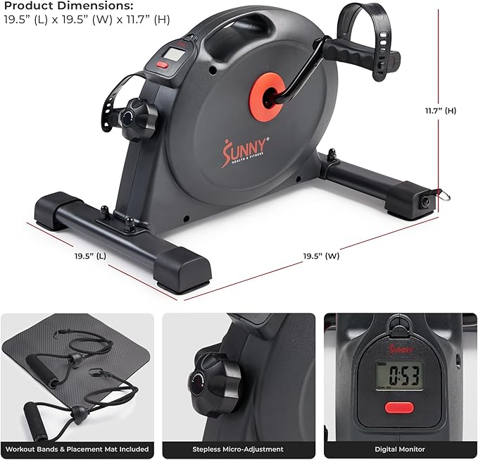 Sunny Health & Fitness Smart Under-Desk Bike Exerciser, Low-Impact Cardio Cycling Equipment for Home/Office, Mini Paddler for Arm/Leg Mobility Training, Free SunnyFit App Connect, Optional Motorized