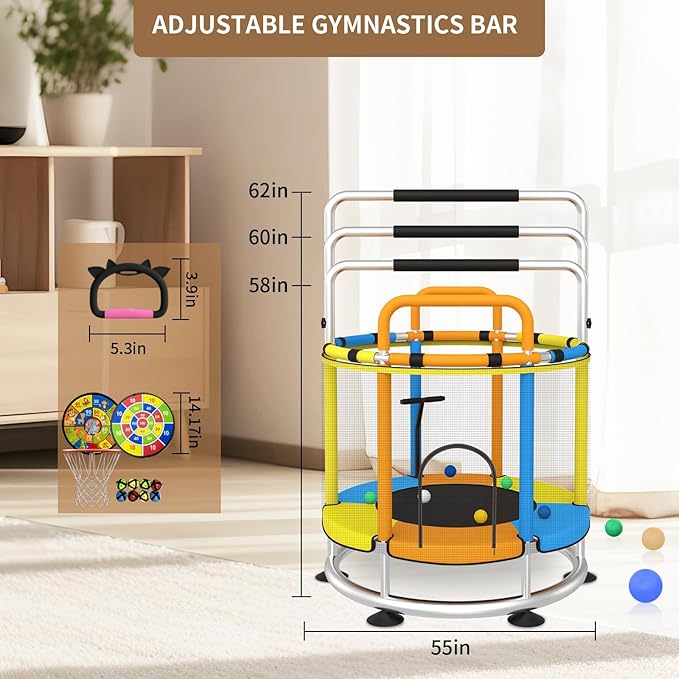 Trampoline for Kids, Full Anti-Rust 440lbs Anti-Rollover Round Bottom Toddler Trampoline, T-handrail Adjustable Baby Toddler Trampolines Dart Board