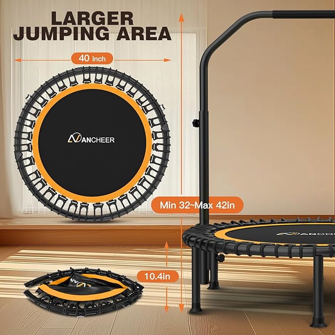 ANCHEER 40"/48" Foldable Rebounder Trampoline for Adults/Kids with Resistance Bands and Bungees, Indoor & Outdoor Mini Trampoline with Bar and Safety Padding - Max Load 450lbs/550lbs