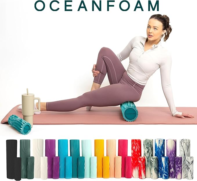 Oceanfoam Tidal Roller - Jade & Seafoam Marbled - Muscle Massage Foam Roller for Back Pain & Stretching - Firm and Ergonomic Wide Wave Textured - Yoga, Athletics, & Wellness - Full Size, 20" x 5"