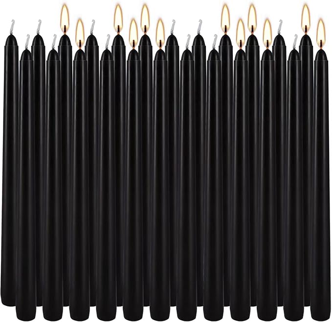 24 Pack Black Taper Candles, 7-8 Hours Burn Time, Unscented, Smokeless and Dripless, 0.75 x 10 Inch Dinner Candle Set for Halloween, Household, Wedding, Party and Home Décor Candlesticks