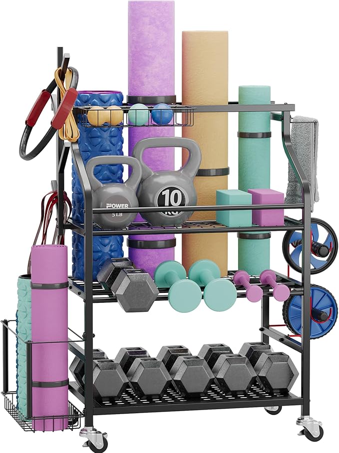 Dumbbells Rack,Weight Rack for Kettlebell, Weight Stand,Home Gym Storage Holder for Yoga Mat, Foam Roller,Yoga Strap,Resistance Bands,Garage Storage Organizer,Workout Storage with Wheels