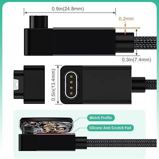 AGVEE 2 Pack 6.6ft Charger for Garmin Watch, L-Shape Zero Gap Charging Cable for Fenix, Forerunner, Vivoactive, Instinct, Venu, Tactix, Approach, D2, Quatix Series, Right Angle Braided, Black