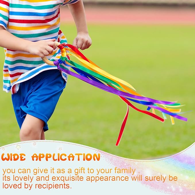 12 Pcs Rainbow Ribbon Wooden Waldorf Toys Creative Waldorf Hand Kite Set Streamers with Wood Ring Sensory Learning Educational Toy for Playroom Dancing Birthday (Vibrant Color)