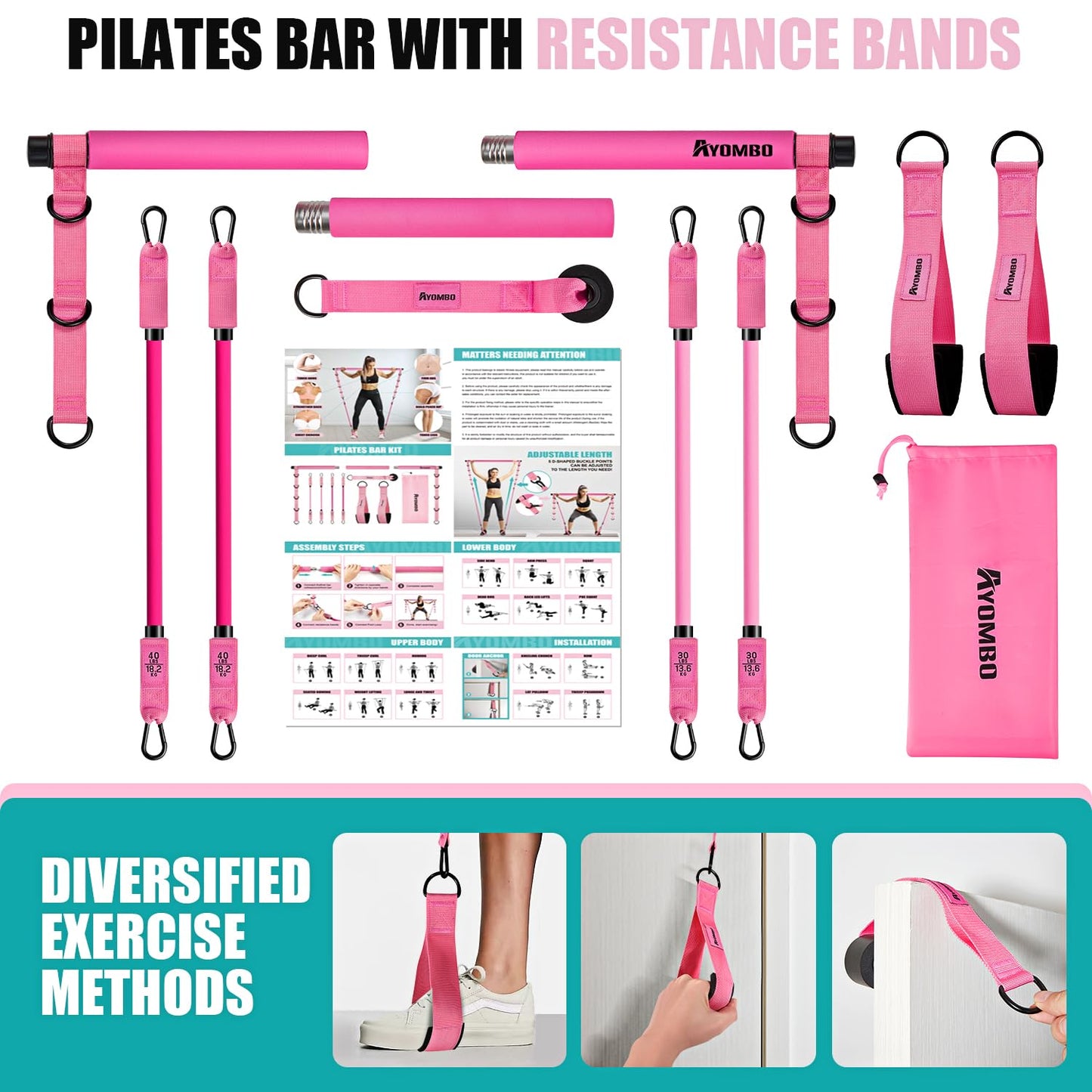 Ayombo Pilates Bar Kit with Resistance Bands, Adjustable Pilates Equipment for Legs, Hip, Waist